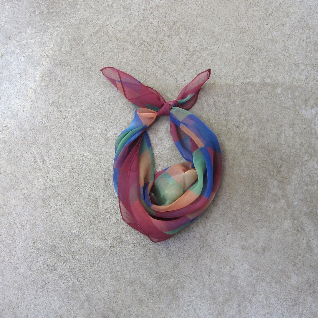 90s Colorful Sheer Print Neck Scarf | Red Blue Orange Green Scarf ...