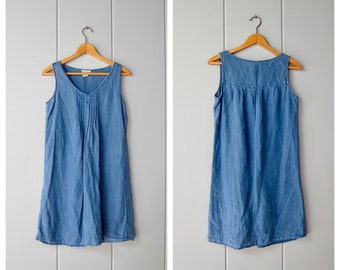 Blue Linen Sundress | 90s Sleeveless Tank Shirt Dress | Minimal Linen Shirtdress | Modern Summer Sun Dress