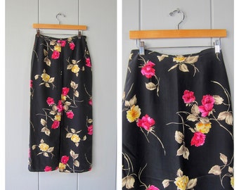 Long Black Pink Floral Silk Skirt | 90s Silk Midi Skirt