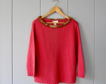 Pink Wool Blend Sweater with MINK collar | 90s Soft Knit Sweater with Quarter Sleeves | Mink Sweater Top - LARGE