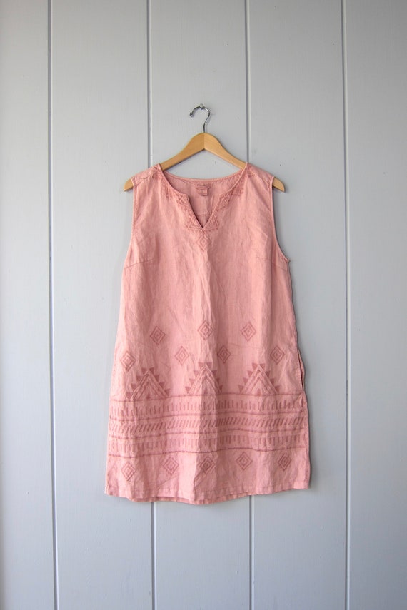 Embroidered Linen Shift Dress | Tribal Pink Linen 