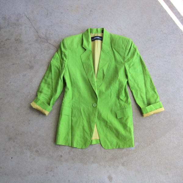 90s Lime Green Linen Blazer – Vintage Boxy Linen Jacket – Lightweight Minimal Power Suit Style