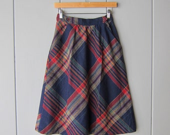 70s Plaid Wool Aline Skirt | High Waist Rainbow Plaid Skirt | Vintage Blue Red Green Preppy Boho Fall Skirt