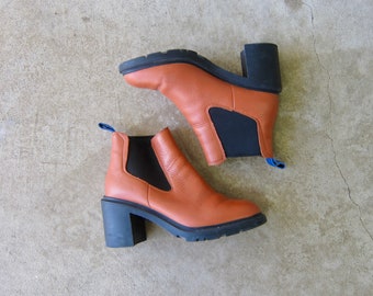 90s Leather Chunky Heel Boots | Slip On Orange Leather Boots | Thick Heel Camper Boots - Size 38