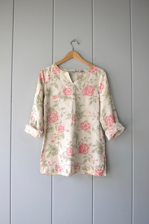 90s Long Sleeve Linen Blouse | Linen Floral Print 
