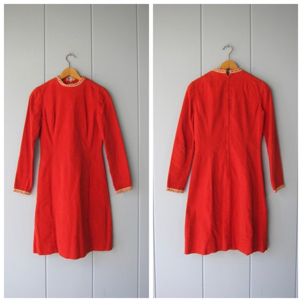 60s Orange Velvet Long Sleeve Dress | Mod Twiggy Dress | 1960s Crochet Trim Plush Mini Dress