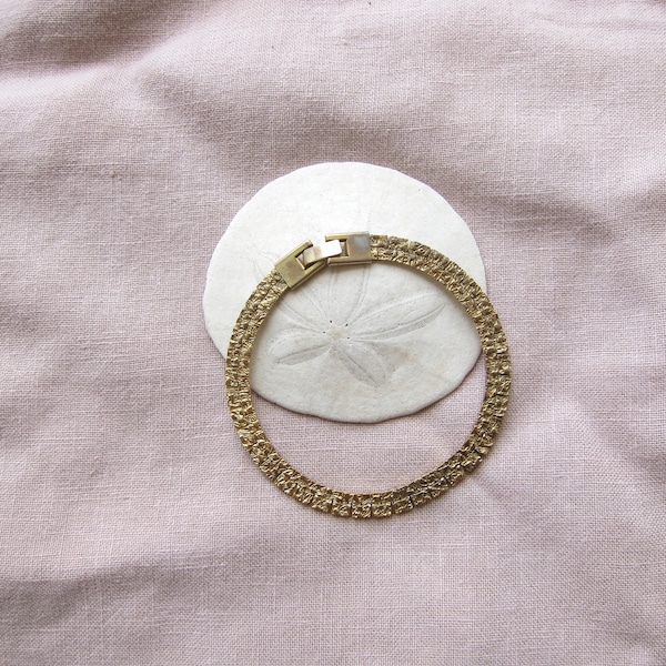 80s Gold Flat Mosaic Bracelet | Skinny Gold Chain Bangle | Mod Minimal Jewelry