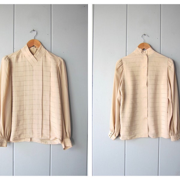 Beige Billow Blouse | 80s Long Sleeve Secretary Blouse | Minimal Pleated Vneck Puff Sleeve Shirt