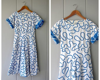 80s Squiggle Print Dress | Blue White Printed Summer Dress | Playful Cotton Shirtdress MAQ
