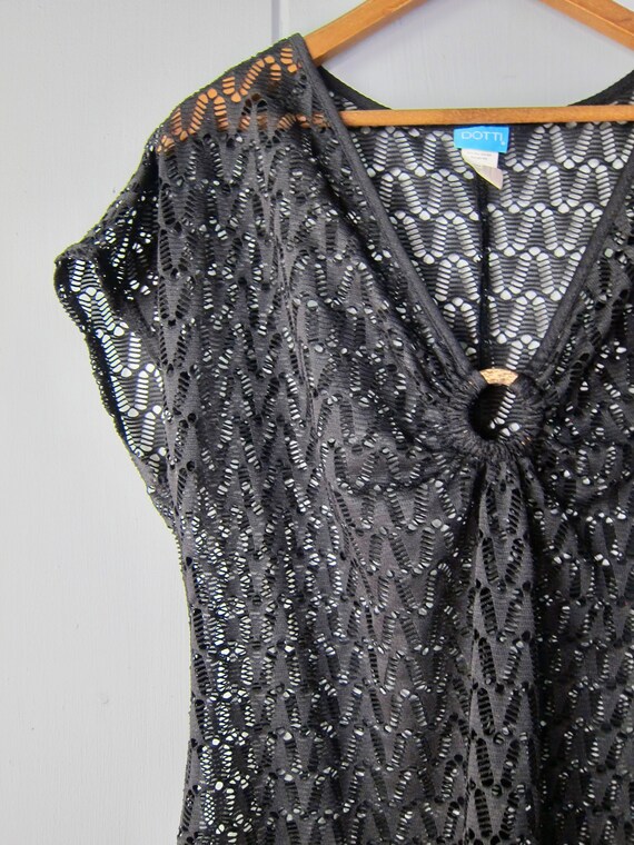Black Open Knit Coverup Dress | 90s Cutwork Beach… - image 3