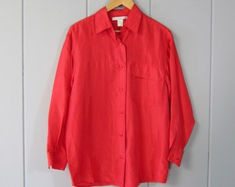 90s Red Silk Blouse | Slouchy Long Sleeve Button Up Blouse | Red Silk Button Up Blouse
