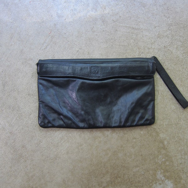 Pochette en cuir noir des années 80 | vintage ANNE KLEIN sac à main en cuir | Bracelet en cuir noir