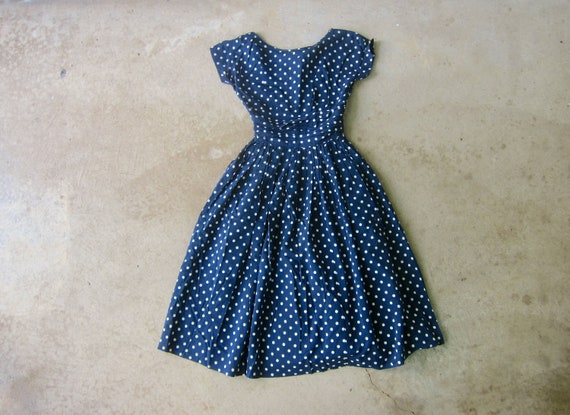 50s Blue White Polka Dot Day Dress | Vintage 1950… - image 1