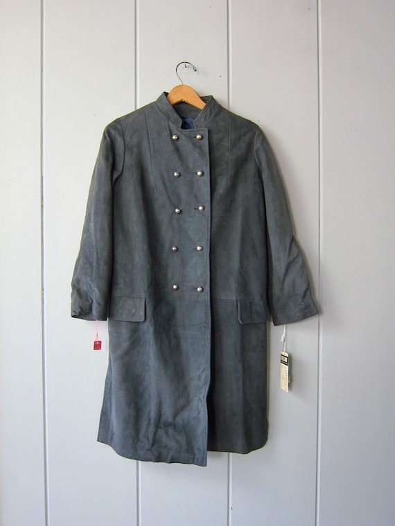 Vintage 60s Blue Suede Military Coat: Silver Button Mod Dress Coat