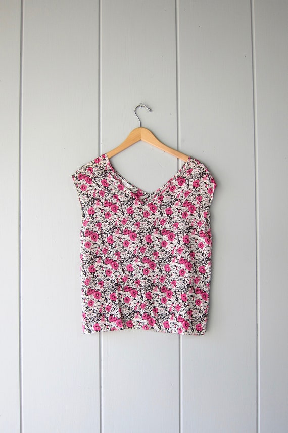 80s Floral Silk Tank Top | White Pink Black Flower