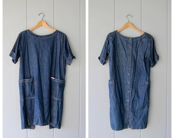 90s BILL BLASS Denim Dress | Short Sleeve Jean Dress | Vintage Dark Wash Denim Dress with Pockets | Mini Summer Dress w/ Snaps Up The Back