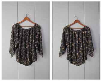 70s Floral Print Peasant Blouse | Billowy Sleeves Folk Blouse | Semi Sheer Bohemian Shirt