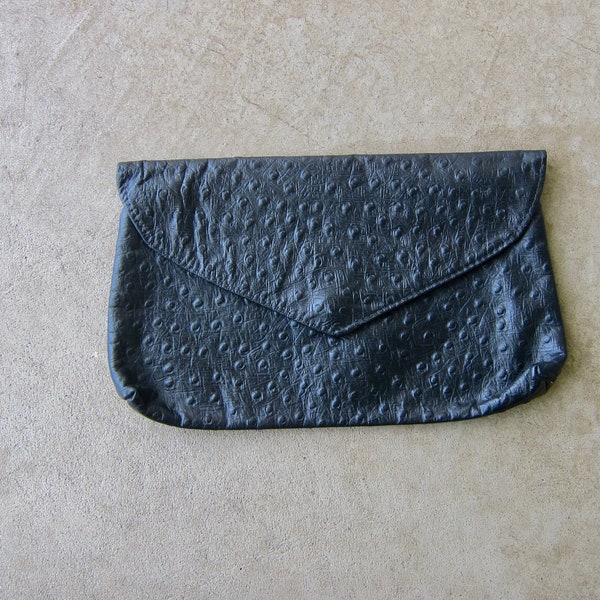 80s Textured Leather Clutch | Vintage Envelope Handbag | Genuine Black Leather Hand Bag