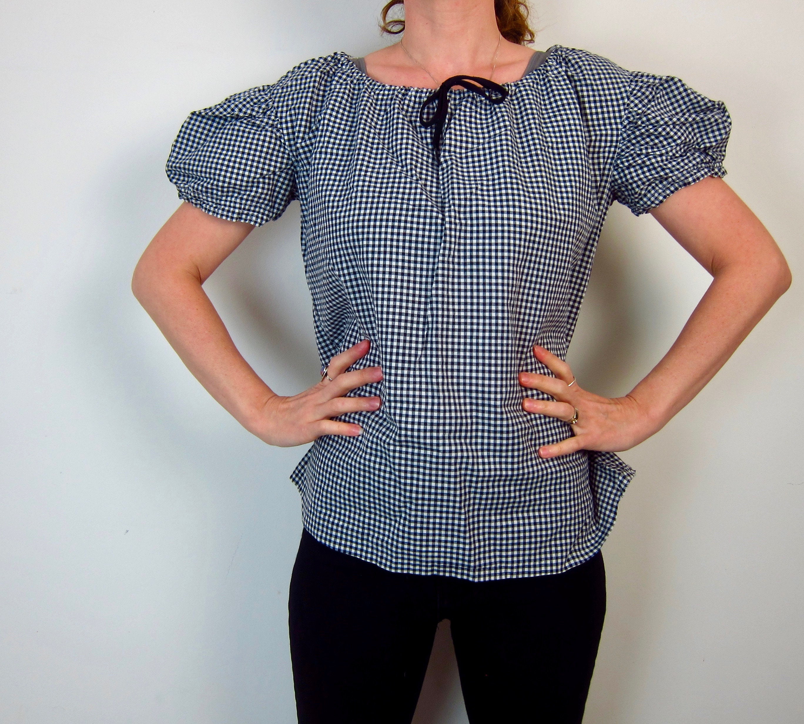 Puff Sleeve Check Top 80s Black White Checkered Shirt Mod | Etsy