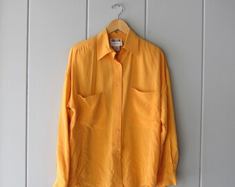 90s Orange Yellow Silk Blouse | Slouchy Long Sleeve Button Up Blouse | Matte Silk Button Up Blouse