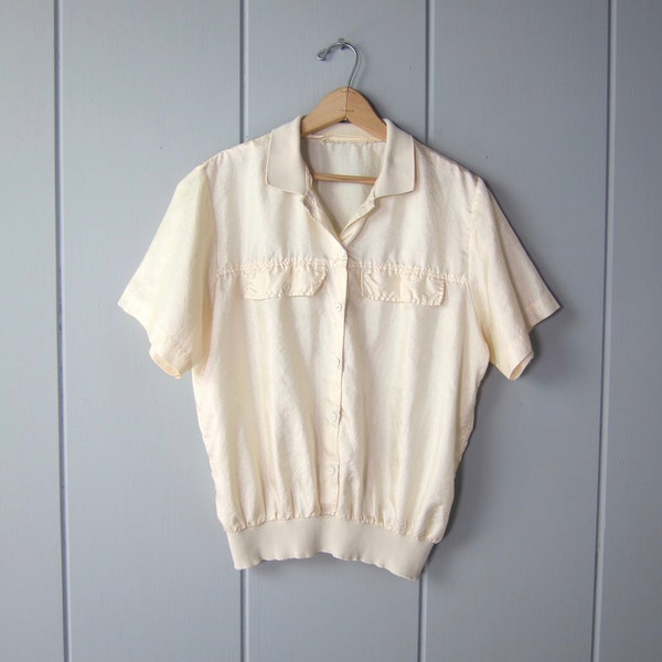 80s Sporty Collared Shirt | Minimal Cream Henley Tshirt | Vintage Elastic Waist Top