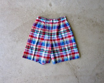 90s Plaid Cotton Shorts | Colorful Plaid Fabric Shorts | 90s High Waist Summer Shorts