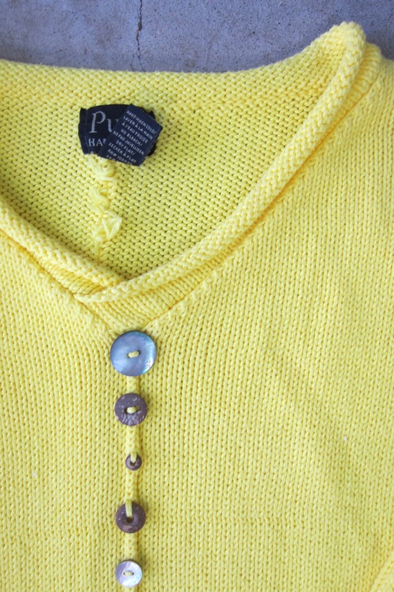 Hand Knit Yellow Cotton Sweater | Button Decor Sw… - image 3