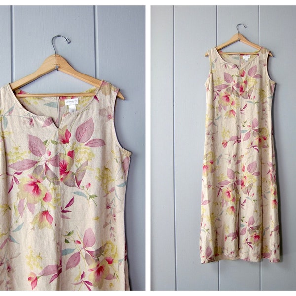 90s Linen Floral Dress | Long Summer Flax Sundress