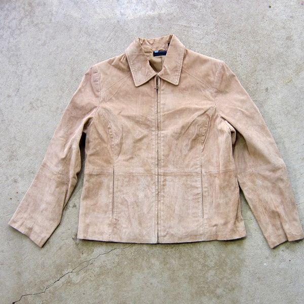 Buff Suede Jacket | 90s Zip Up Leather Coat | Simple Cropped Suede Jacket  - Women's S/M