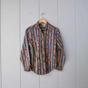 Vintage Fall Leaf Shirt | Fall Autumn Blue Striped Shirt | 90s Fall Leaves Button Down Shirt