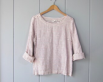 Striped Linen Shirt | Minimal Long Sleeve Tee | 90s Preppy Parisian Sailor Boxy Linen Blouse