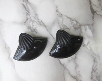 80s Black Metal Fan Earrings | Vintage Art Deco Post Earrings | Modern Minimal Jewelry