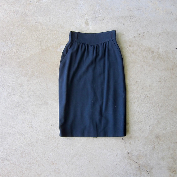 80s ESCADA Wool Pencil Skirt: Vintage High Waist Navy Blue - Main Image