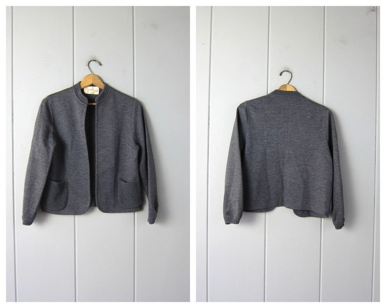60s Open Sweater Jacket Vintage Cropped Sweatshirt Coat Modern Gray Wool Knit Jacket