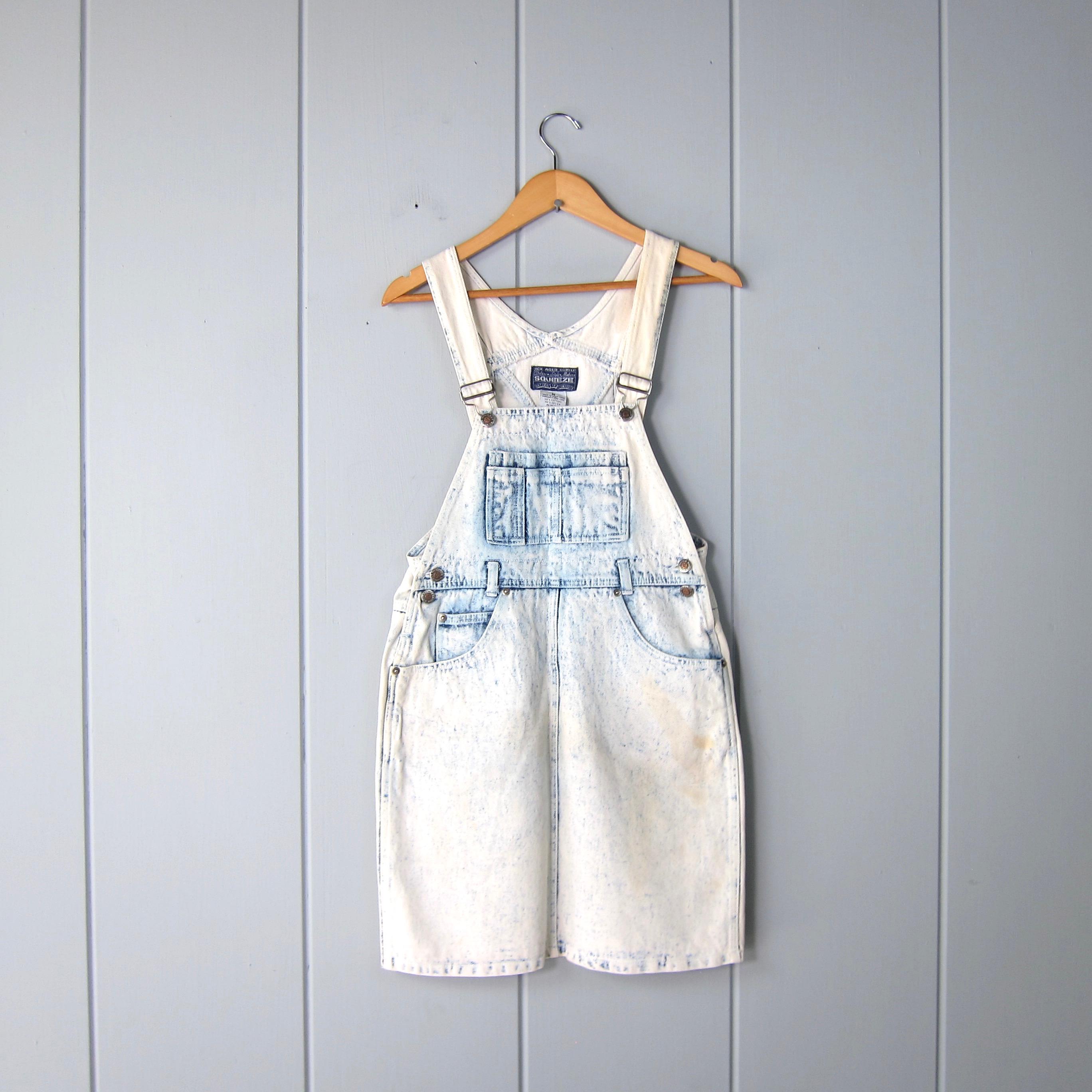 Vintage 80s Acid Wash Denim Overall Dress: Grunge Mini Jumper