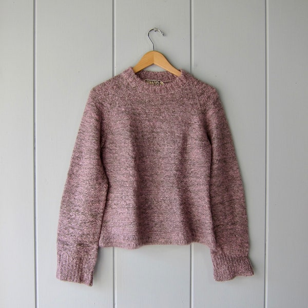 70s Pink Gray Mohair Wool Sweater | THINGS Brand Wool Crewneck Sweater | Crewneck 1970s Preppy Wool Sweater with Wide Sleeves