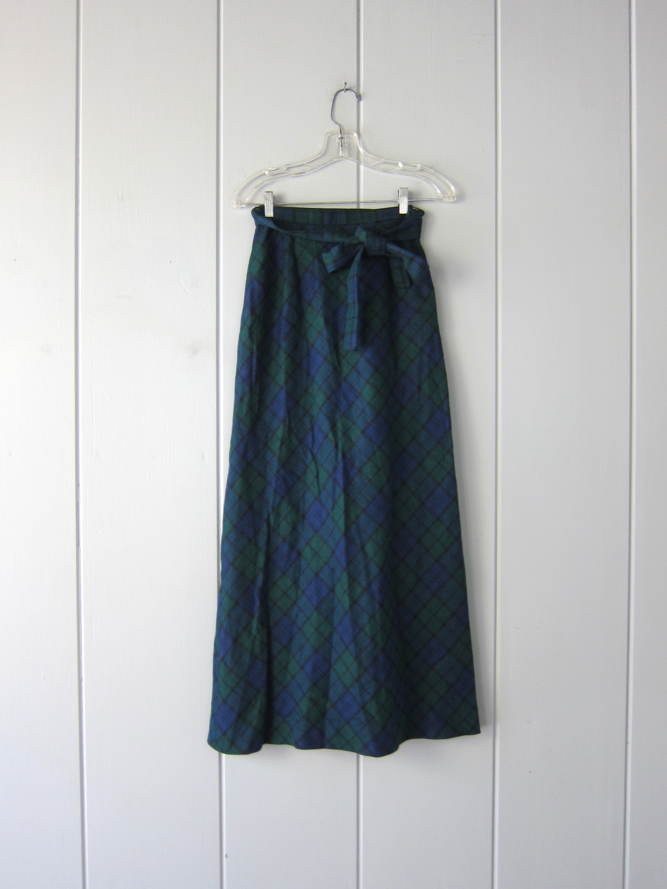 70s Plaid Wool Maxi Skirt Long Navy Blue & Green Wool Knit | Etsy