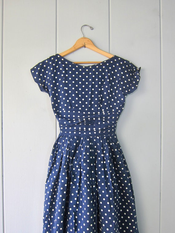 50s Blue White Polka Dot Day Dress | Vintage 1950… - image 3