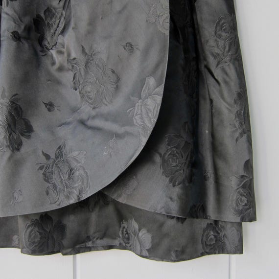 60s Black Sateen Party Dress: Embossed Floral Rose Print, Audrey Hepburn Style View 6