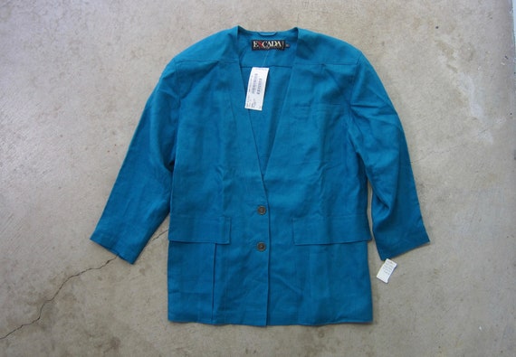 80s ESCADA Teal Blue Linen Blazer | 90s Oversized… - image 1