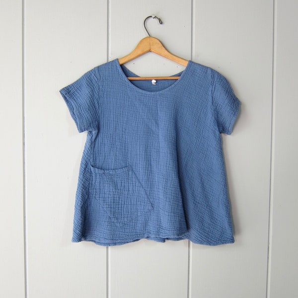 Natural Cotton Gauze Top | Minimal Boxy Muslin Gauzey Shirt | Blue Short Sleeve Tunic Blouse Tee