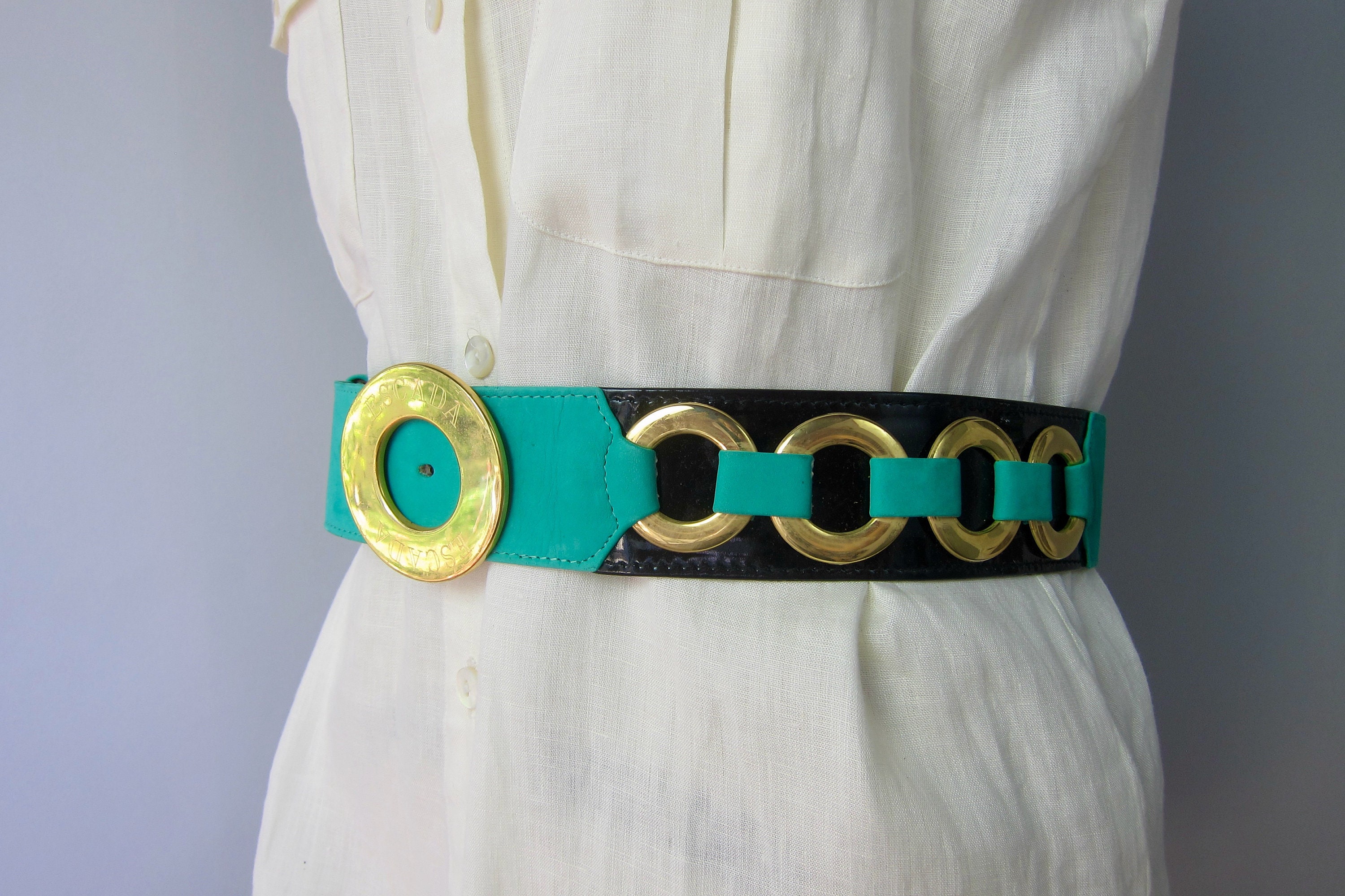 80s ESCADA Suede & Leather Belt | Turquoise Gold Black  display picture 1