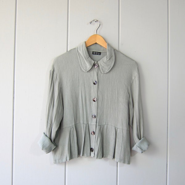 90s Tencel Rayon Boxy Blouse | Vintage Long Sleeve Mineral Green Top | Button Up Minimal Cropped Shirt