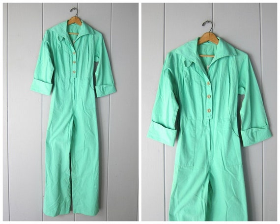70s Mint Green Jumpsuit | Vintage Long Sleeve Cott