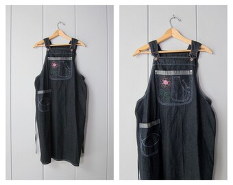 Vintage Overall Dress with Pockets | 90s Denim Bib Dress | Floral Embroidered Apron Jean Dress