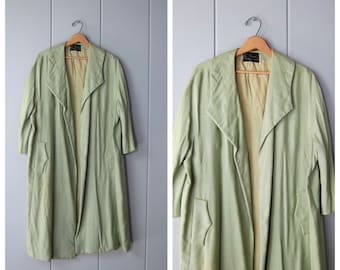 1950s Celadon Green Coat | Vintage Long Open Fall Swing Coat | GERRIEK Collared 50s Celery Green Modern Robe Jacket CJ