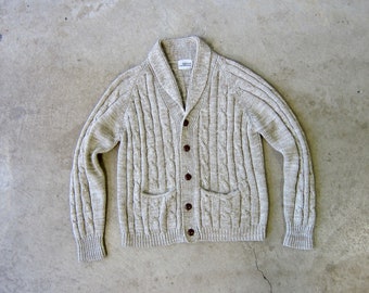 Jaren '70 Bruine Havermout Vest Trui | Vintage button-up trui met revers | Opa trui met zakken
