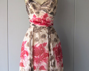 Vintage Silk Chiffon Dress: Pink Floral Sweetheart XS