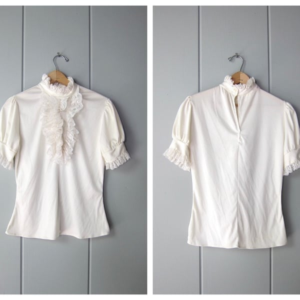 70s White Poet Blouse | Vintage Ruffled Bib Shirt | Romantic Minimal Peasant Blouse | Short Sleeve Edwardian Top