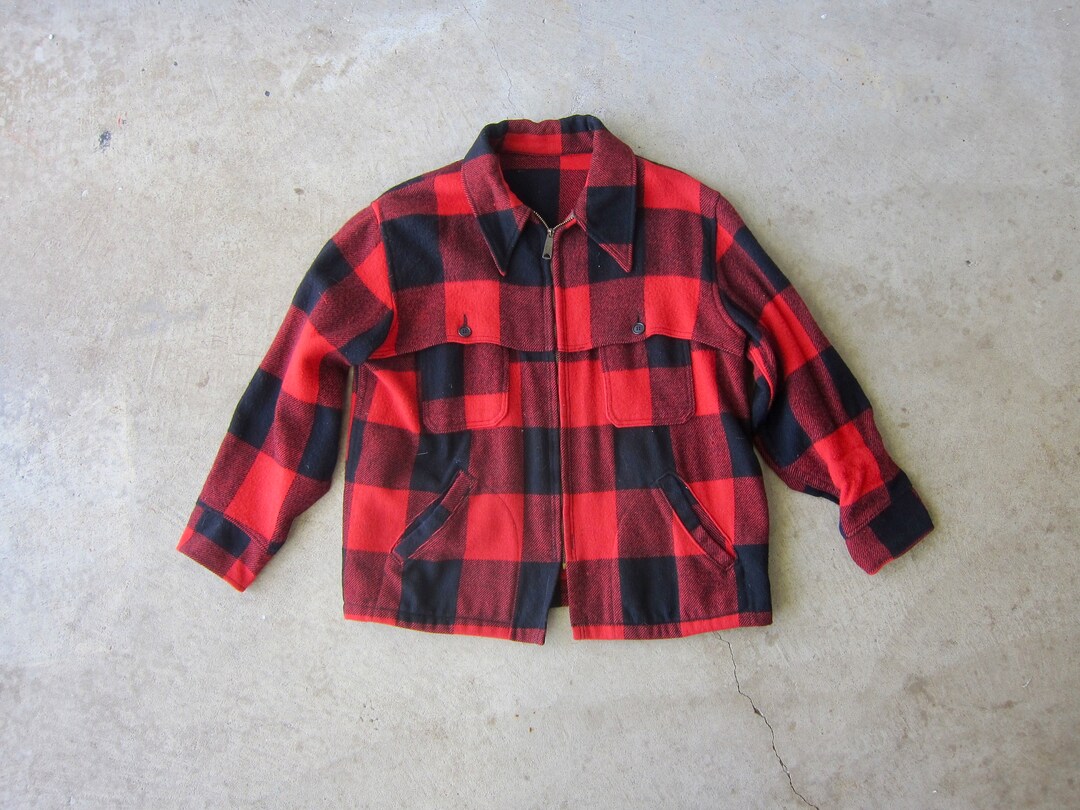 Veste a carreaux noir rouge Manteau de bucheron a carreaux de laine des annees 80 Zip Up Workwear Routine Farm Barn Coat Etsy France